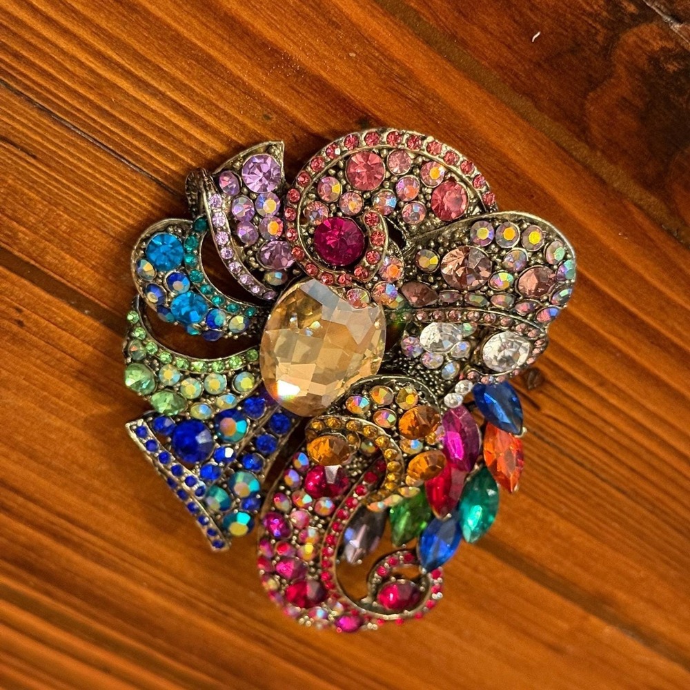 Large Colorful Rhinestone Statement Brooch Pin Multicolor Crystal Silver Tone